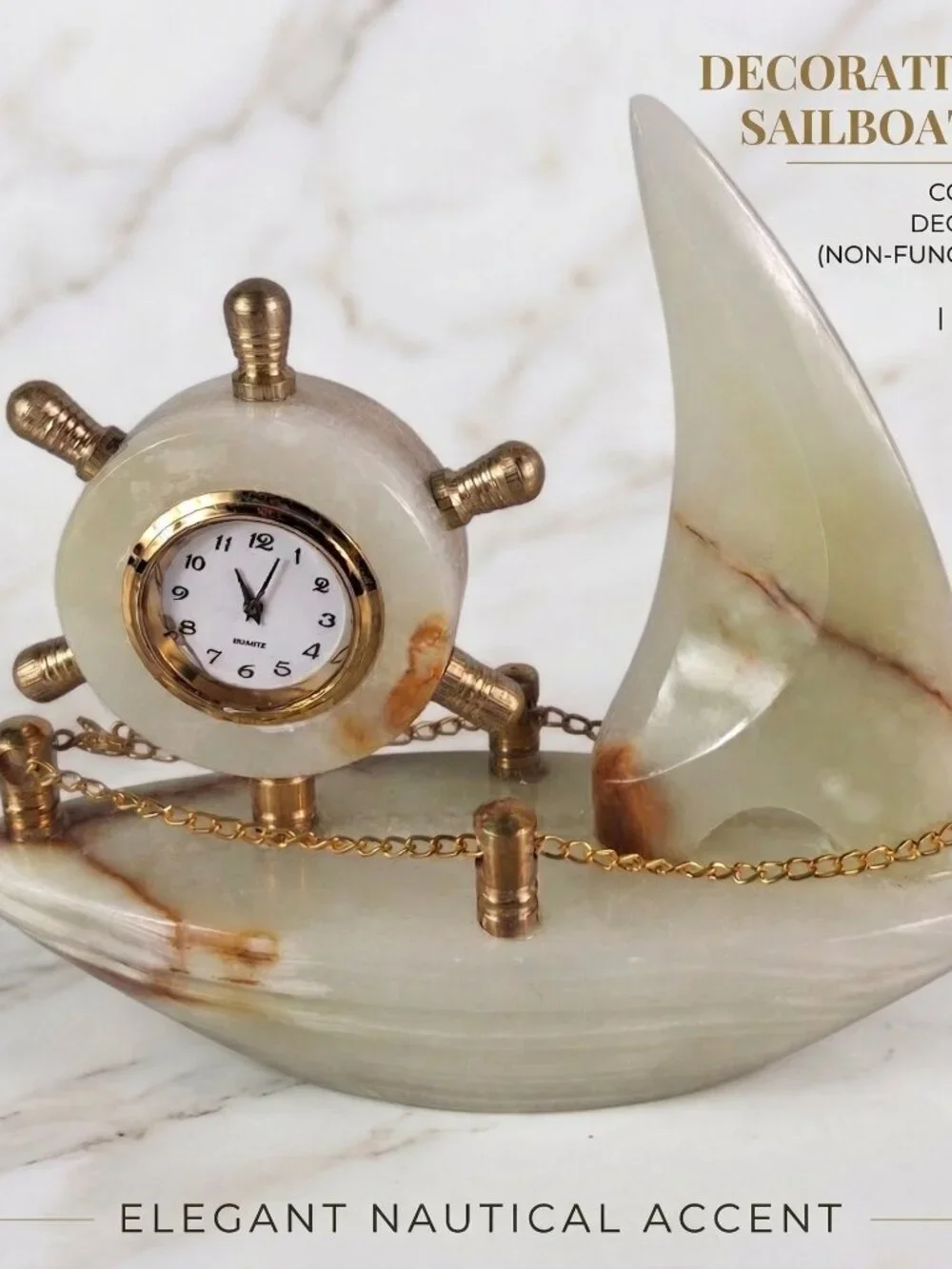 Decorative Collectible Ship Clock Desk Mentel Marble Onyx Handmade Imported NEW